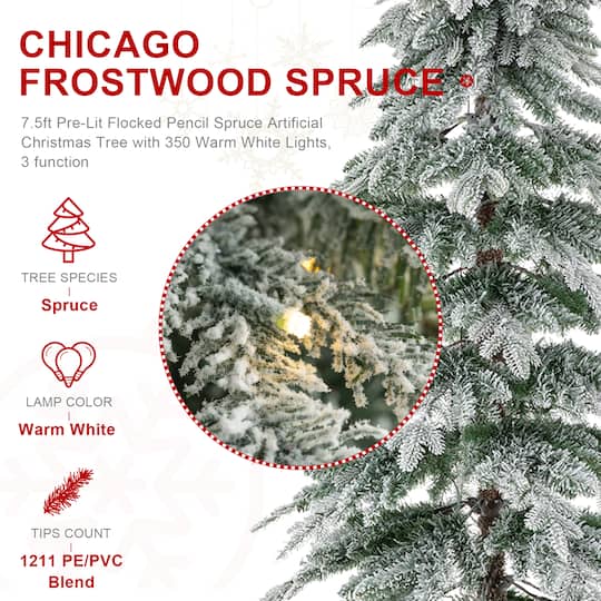 7.5ft. Pre-Lit Flocked Pencil Spruce Artificial Christmas Tree, Warm White LED Lights